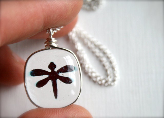 Transparent Glass with Blue Dragonfly Necklace - Silver Chain and Wire Wrapped Mini Pendant