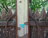 Original Framed Bird and Fish in Forest Painting - Lake and Woods - Long, Thin Art - Butter Yellow, Taupe, Brown, Turquoise Blue