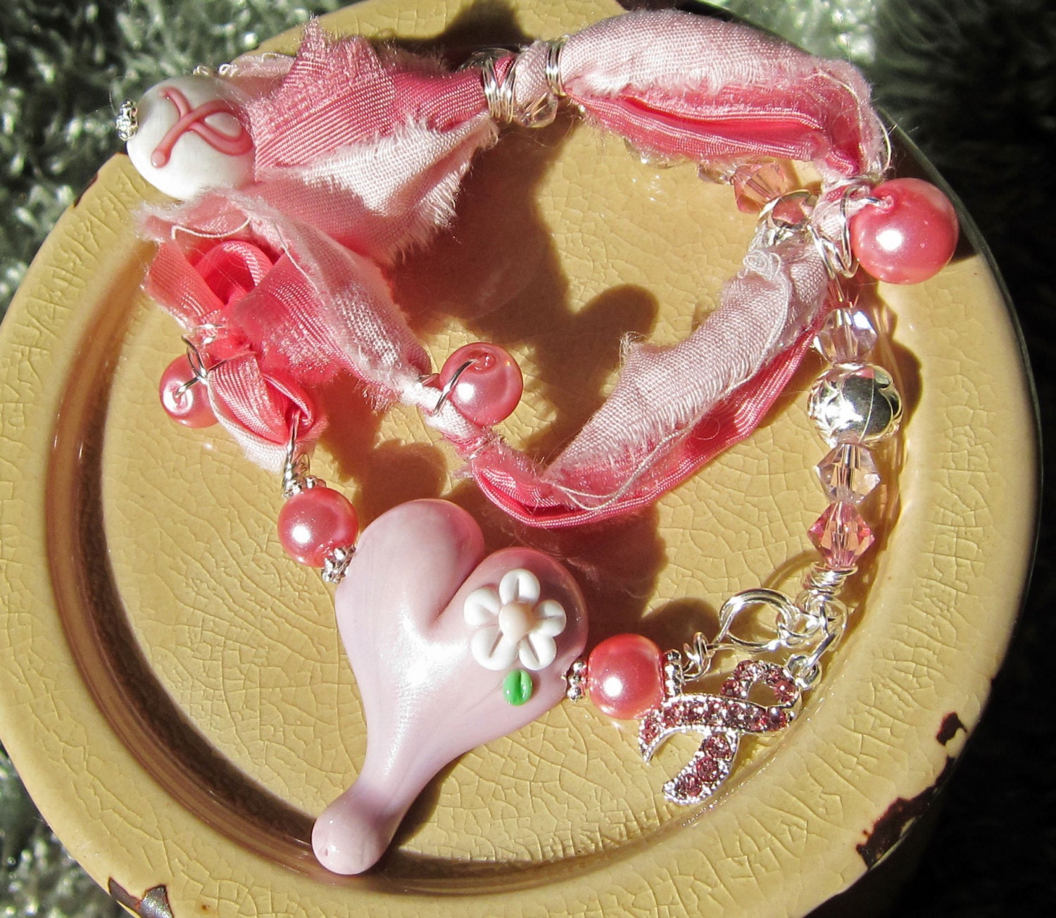 Lampwork Heart Breast Cancer Wrap Bracelet