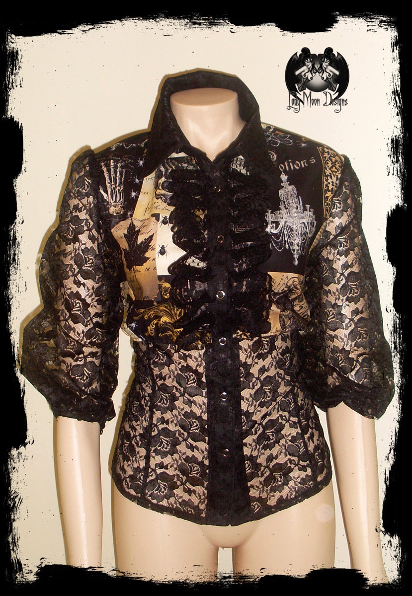 SALE Edgar Allan Poe Nevermore  Lace Collared Blouse XL - XXL