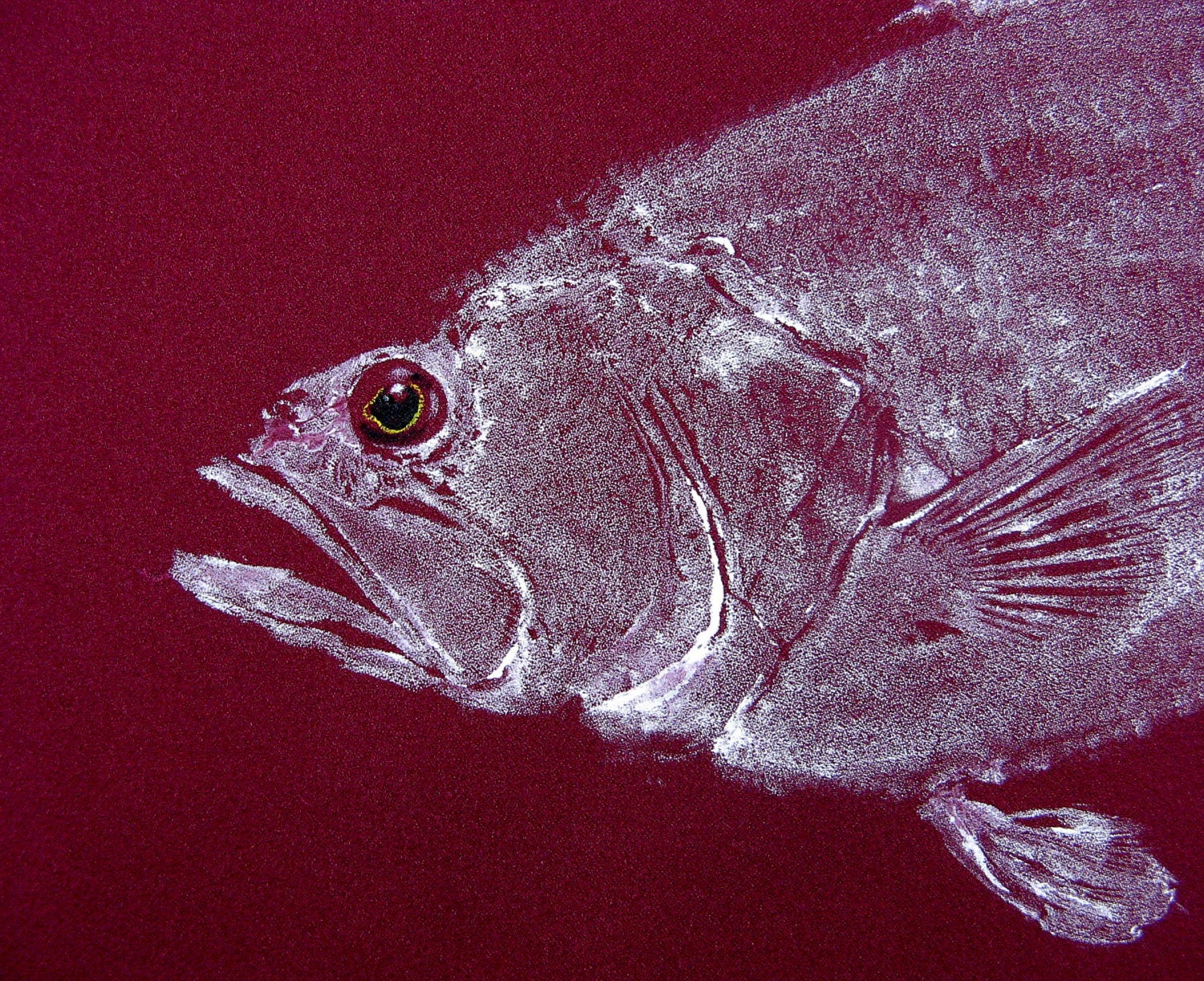 Largemouth Bass original Fish Art Rubbing GYOTAKU on Deep Burgandy Cloth