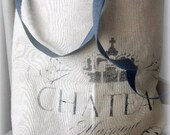 Canvas tote, FLEA MARKET, French image, blue, ivory, friendship patch, open tote, market bag, book bag, Beach bag, overnight bag