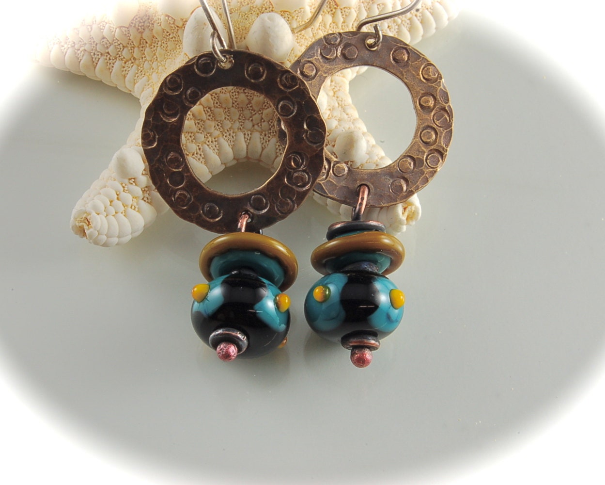 Blue Green and Mustard Lampwork Bead Earrings on Brass