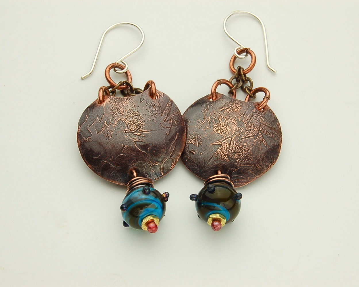 Textured Copper Disks with Lampwork Bead Earrings