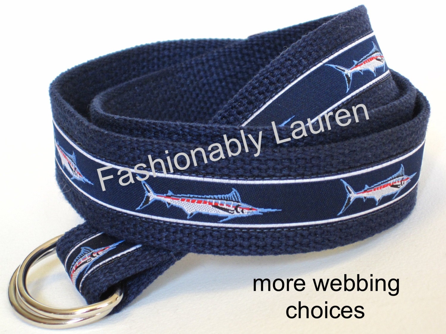 Canvas Ribbon Belt / D-Ring Belt for Men -  Marlin Sailfish in navy