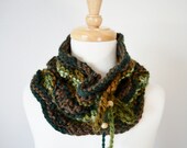 Forest Shadows Lace Cowl - Chunky Lace Scarflette in Green, Brown, Leaf - Warm - Soft - Handknit Vegan Convertible Hat