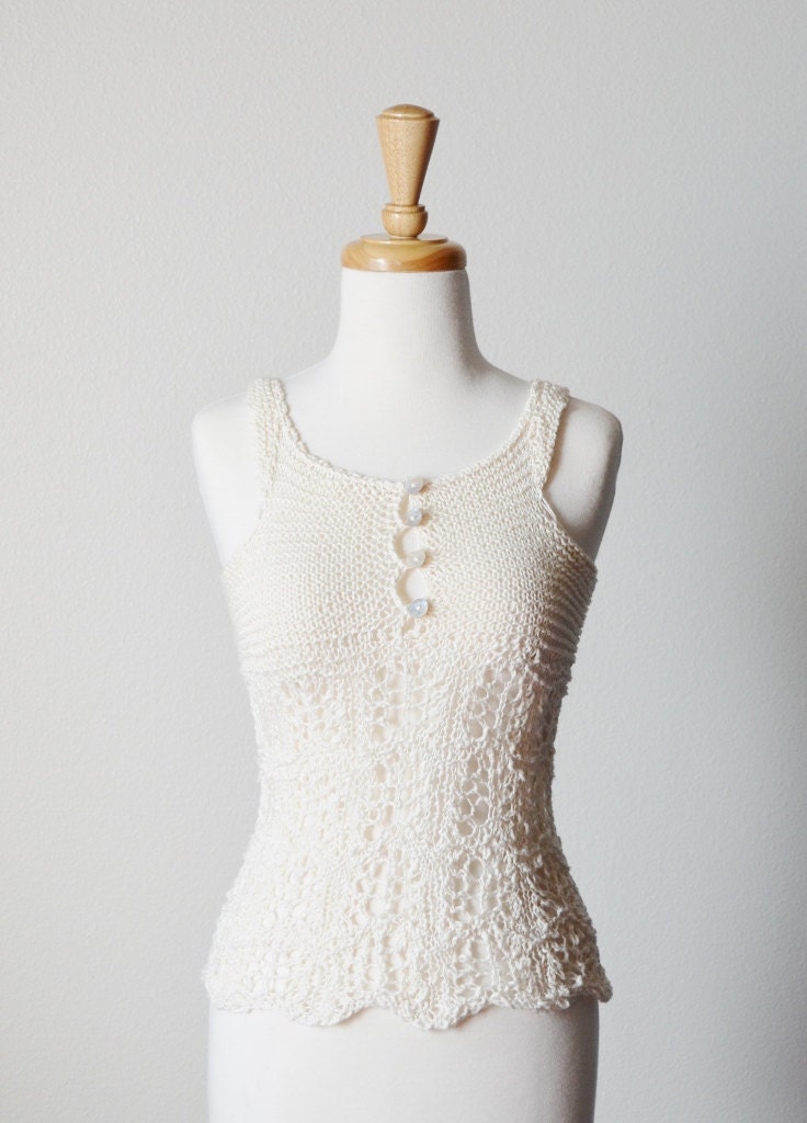 Sample SALE - Summer Tank Prototype Hand Knit Tank Top in Summer Cotton - Cream White Textured Knit Lace - Delicate Mori Girl Beachwear