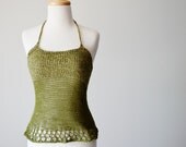 Moss Green Halter Top - Hand Knit Babydoll Top With Woven-Look Upper Bodice - Moss & Linen - Cotton and Linen Natural Fibers - Women's XS