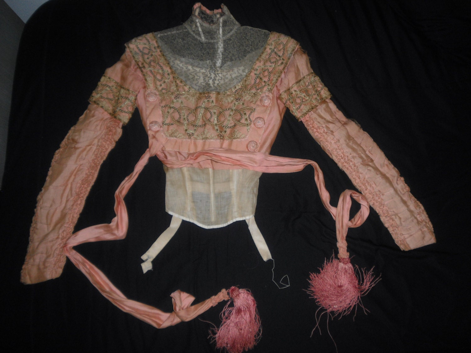 Elaborate Embroidered Victorian Vintage Peachy Pink Boned  Bodice  XS 30 bust 20 waist