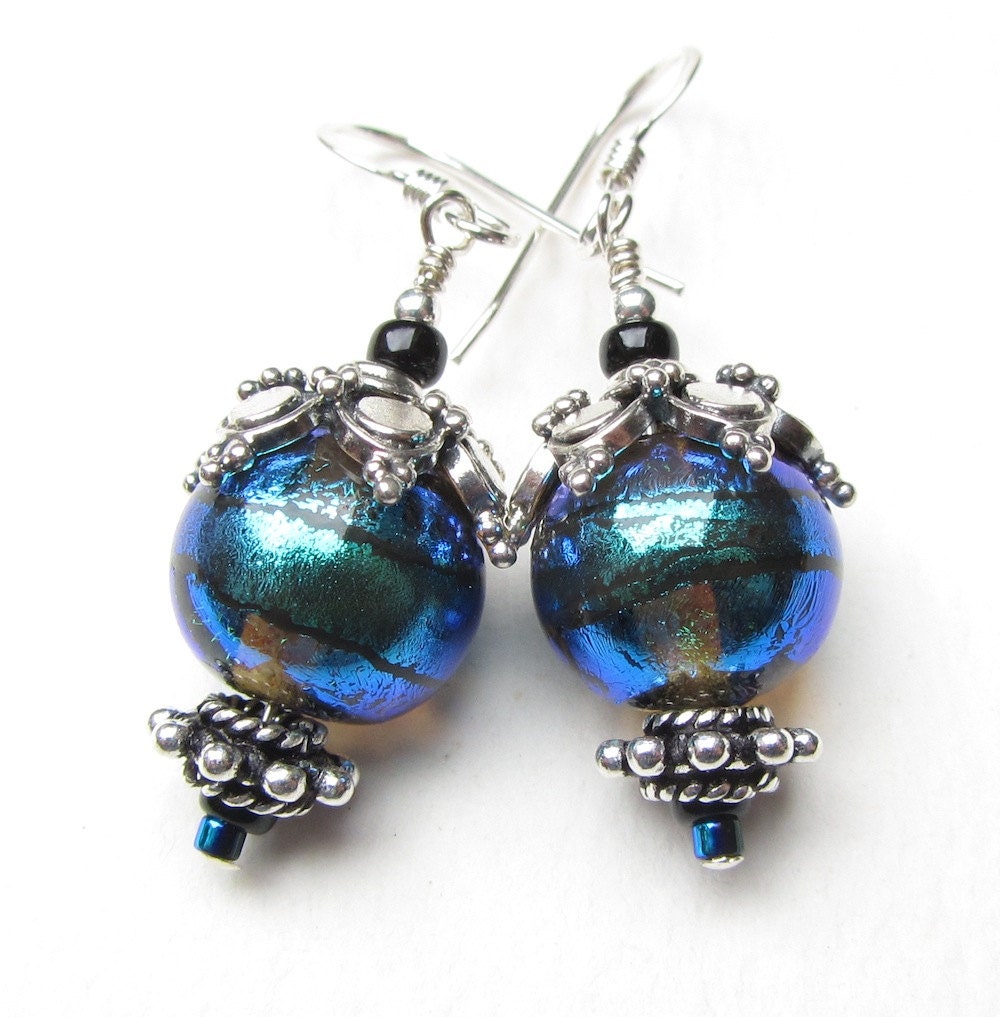 Peacock Blue and Silver Dichroic Bead Earrings