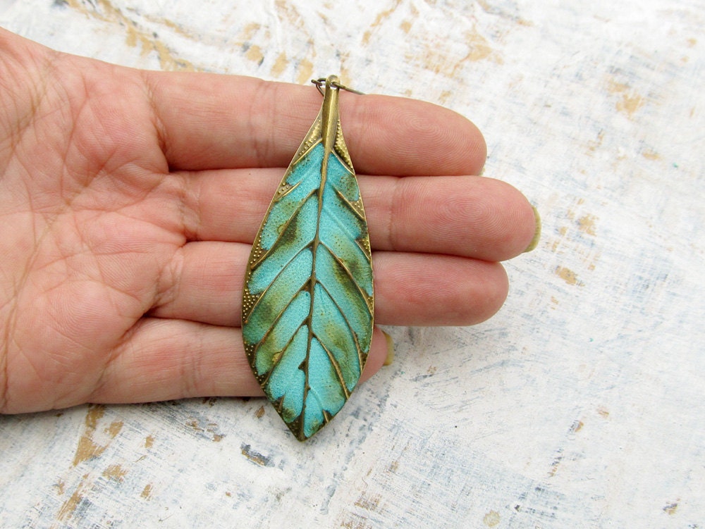 boho Leaf earrings turquoise mint Bohemian jewelry metal Feather earrings Patina earrings dangle