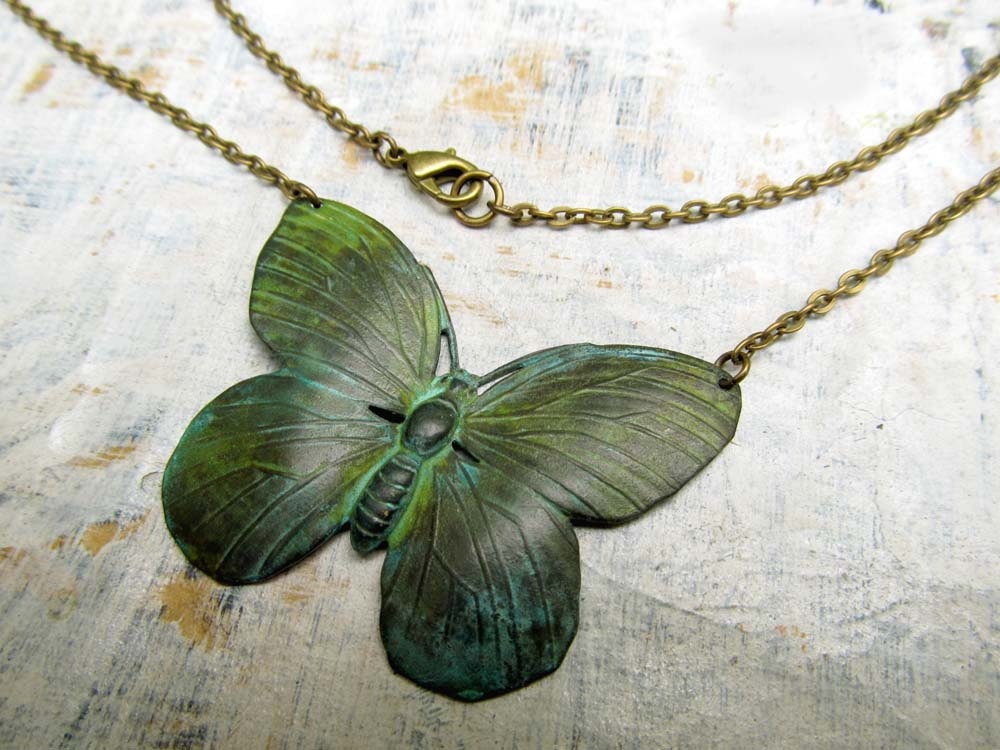green Butterfly necklace Verdigris Patina Jewelry Nature jewelry