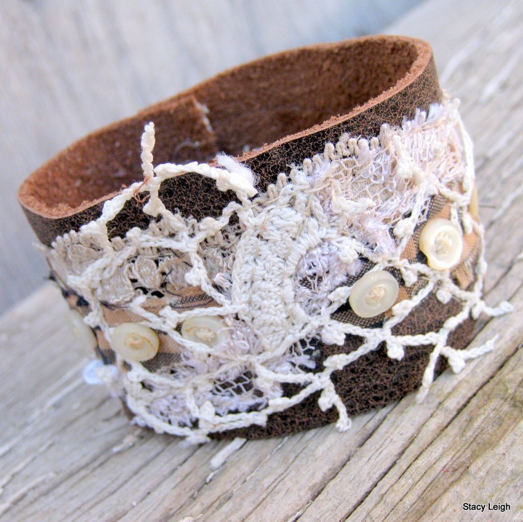 Leather and Lace Prairie Cuff  with Tiny Vintage Buttons on Plaid by Stacy Leigh Ready to Ship