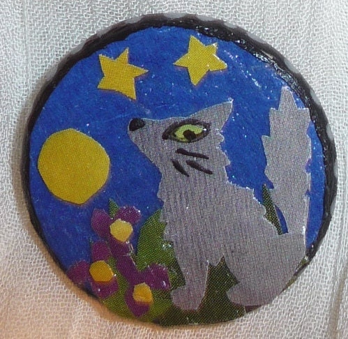Handmade, original wolf under the full moon pin brooch