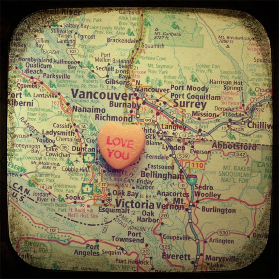 candy heart map art - love you vancouver - 5x5 ttv photo print - custom wedding print engagement graduation gift anniversary wall art decor