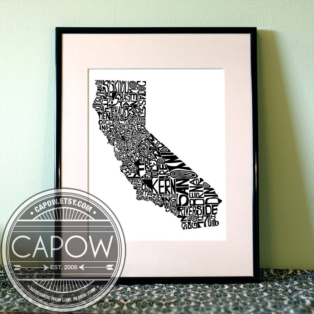California - typography map art print 16x20 - customizable state poster custom wedding engagement graduation gift anniversary wall art decor