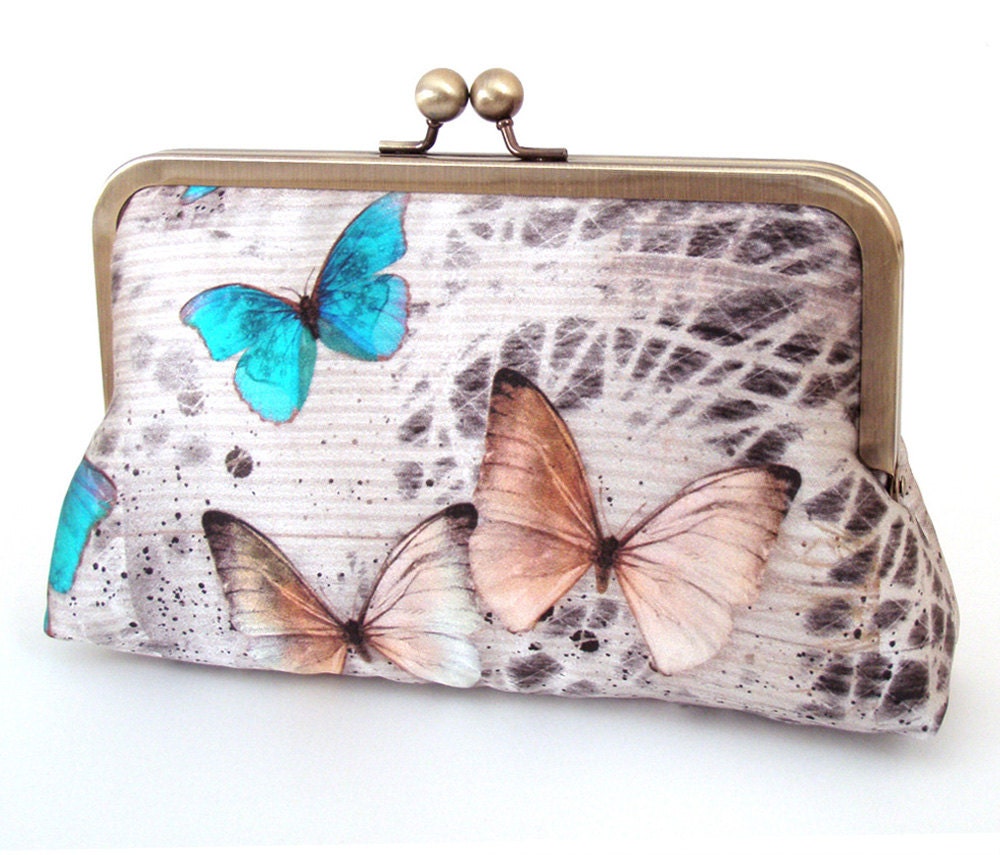 Butterflies clutch bag : Printed silk purse, wedding accessory, bridal bag, bridesmaid gift, gift box, woodland wedding