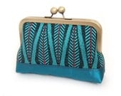 Teal feathers, medium clutch bag with chain handle, silk-lined, wedding accessory, bridesmaid gift