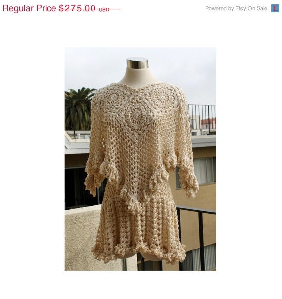 May Sale Open Stitch Egyptian Cotton Fringed Crochet Doily Granny Square Yoke Poncho Shawl and Skirt Outfit by Annie Briggs - 'PRIS & TEE'