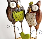 Rustic Wedding Cake Topper Woodland Owls in Brown and Green