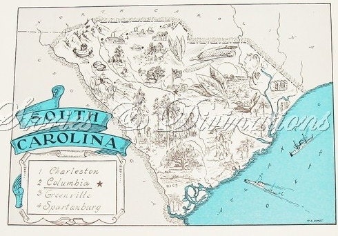 South Carolina Map - Beach Decor - Vintage Map - A Fun and Funky Vintage Picture Map to Frame