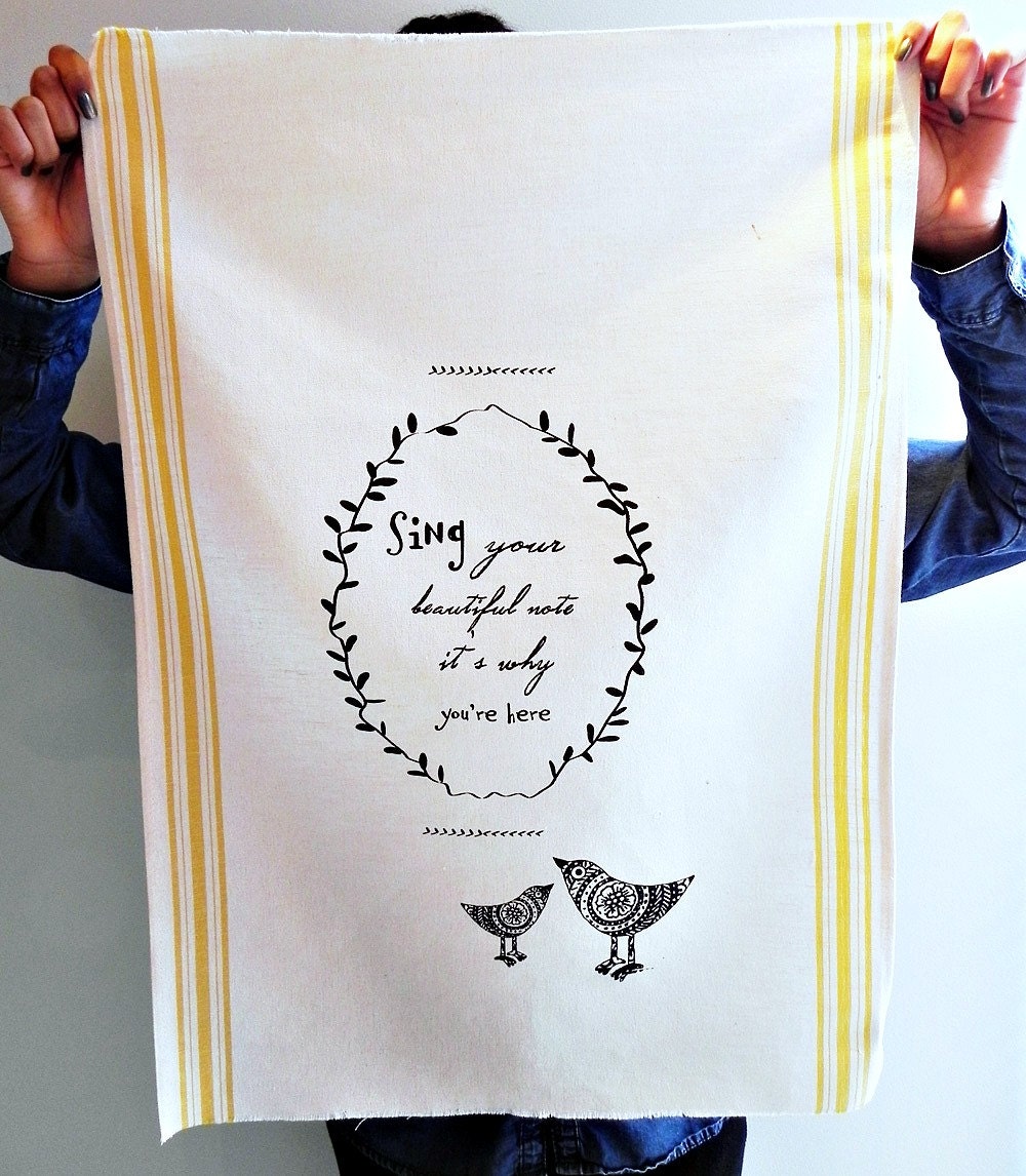 INSPIRATIONAL Quote Screenprint Cotton Linen Kitchen Tea Towel Yellow Stripe