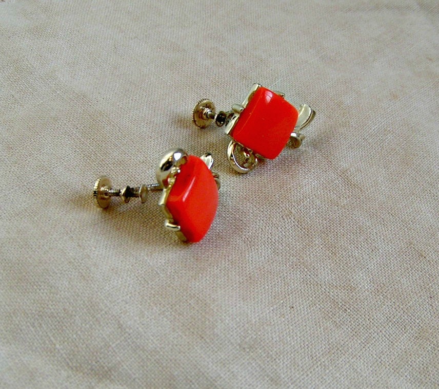 Vibrant Orange Vintage Screw On Earrings