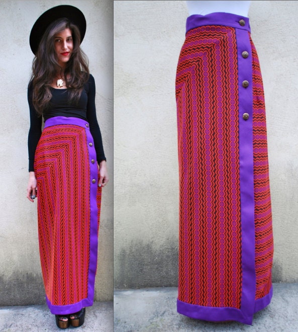 Vintage 60s 70s Plasma Dome Purple and Orange Wrap Maxi Skirt (size medium, large)