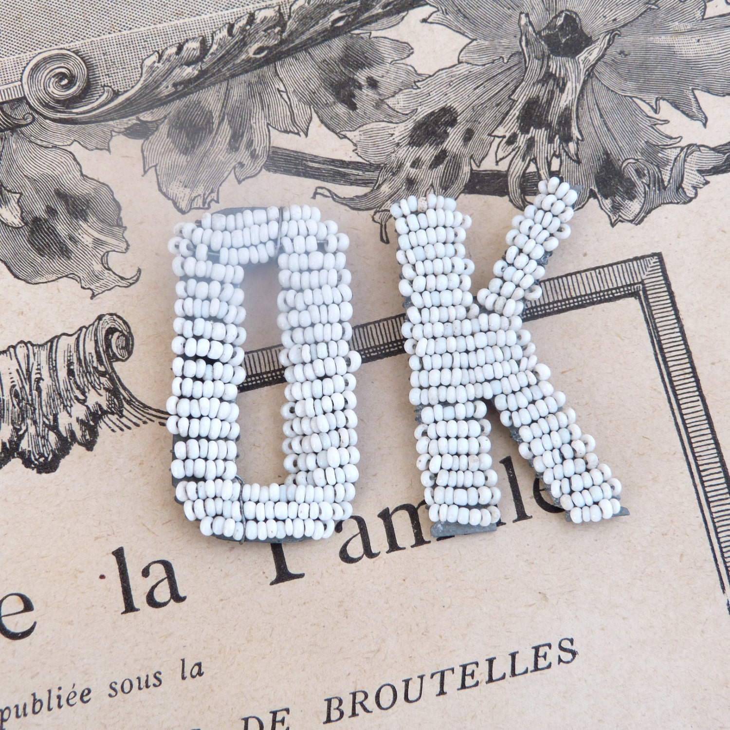 Antique 1900 shabby chic Florist French beaded letters /OK