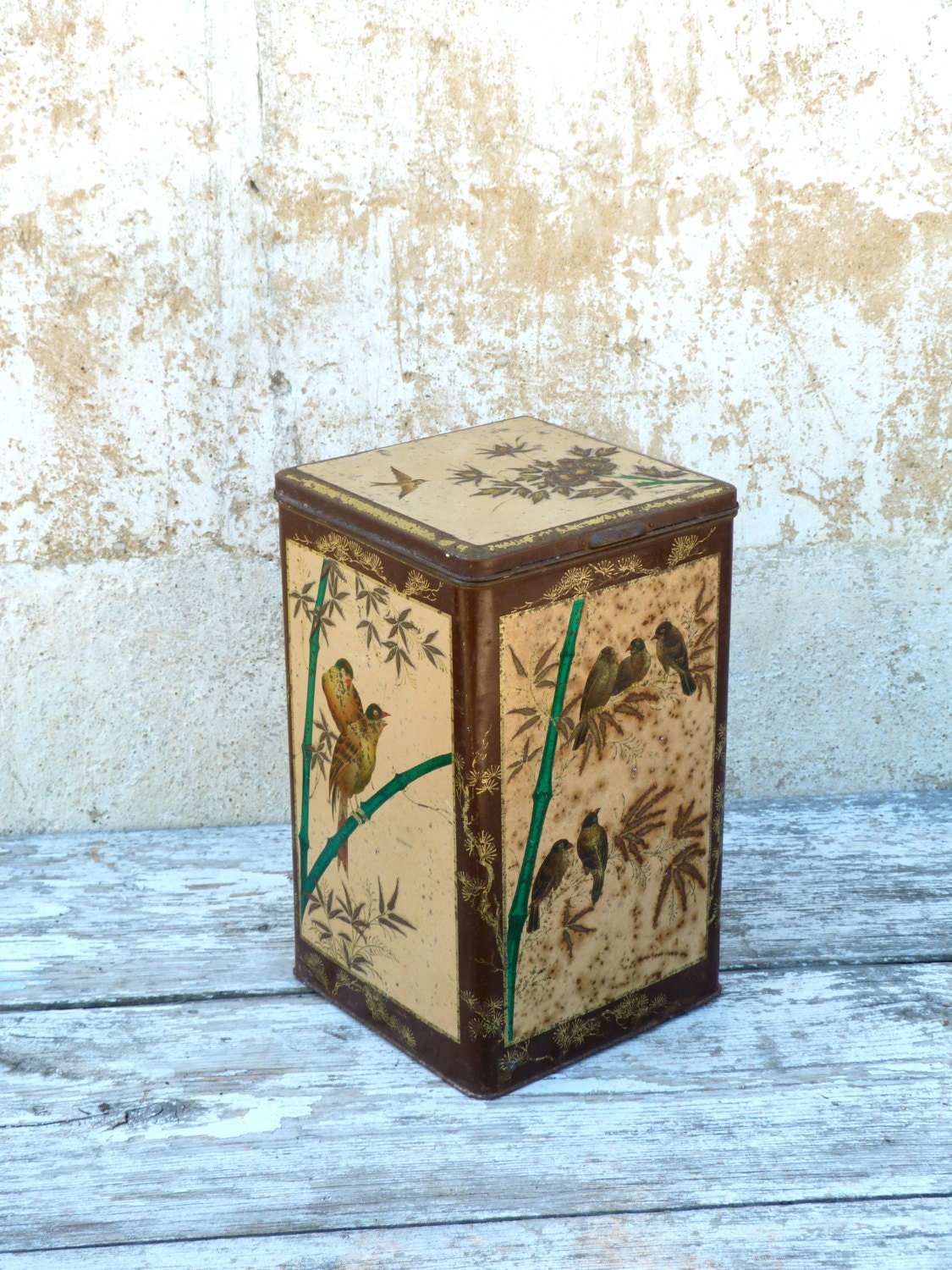 Vintage 1900 Huge French tin box embossed birds & leaves