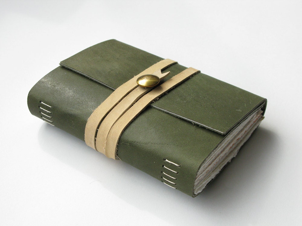Handmade Olive Leather Journal with Mixed Paper, OOAK