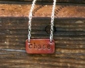 Personlized name stamped rectangle fired copper metal pendant sterling silver chain