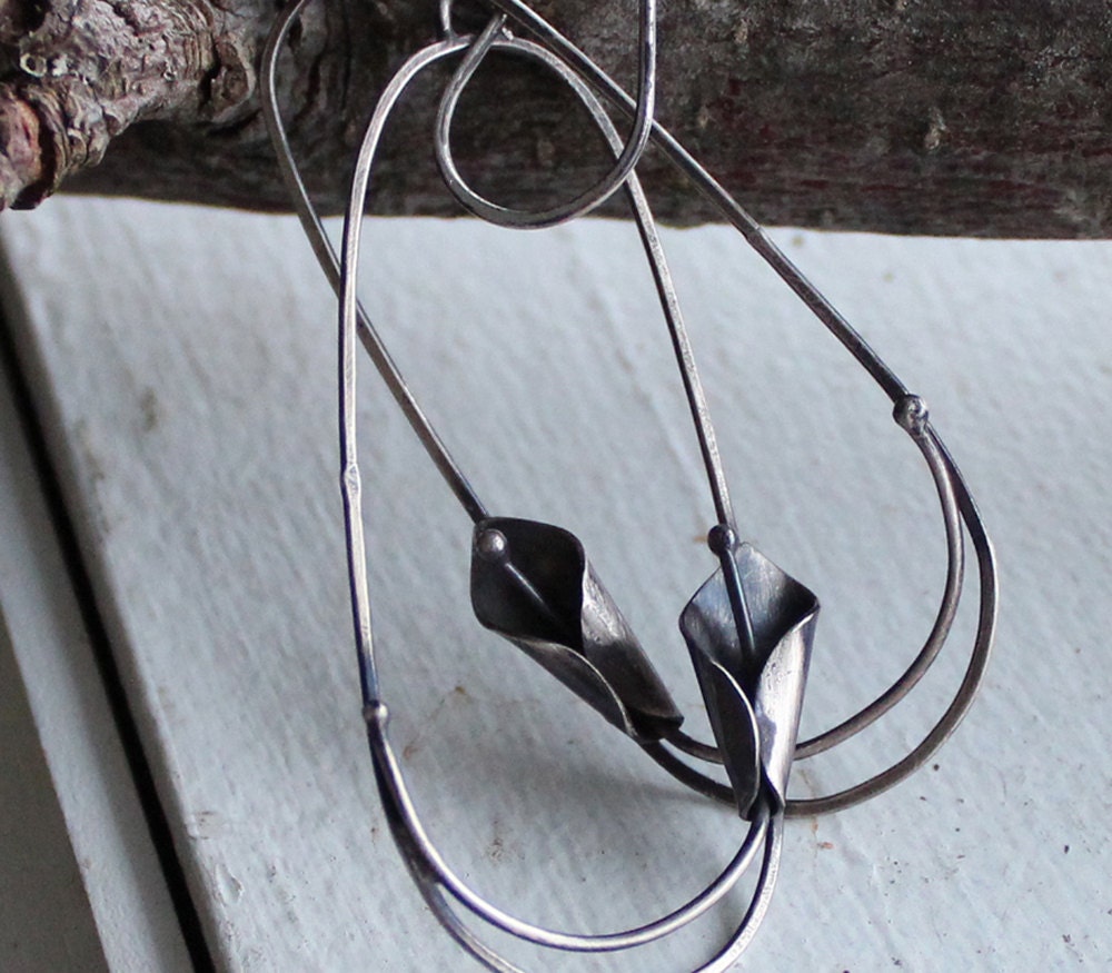 Black calla lily oval hoop earrings - oxidized sterling silver - ready to ship