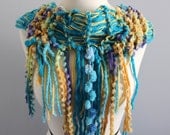 Turquoise Blue and Gold Knit Fringed Scarf With Pom Poms--Extra Long