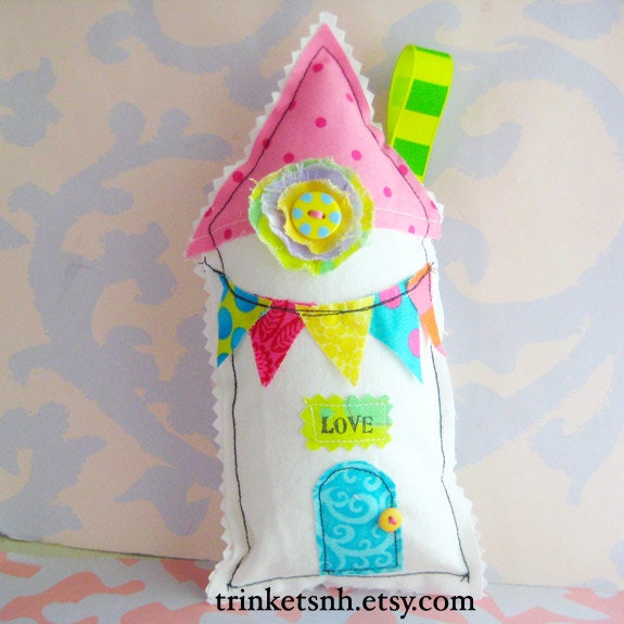 Whimsical Stuffed Fabric House Ornament Decoration with Bunting Pennant Flag