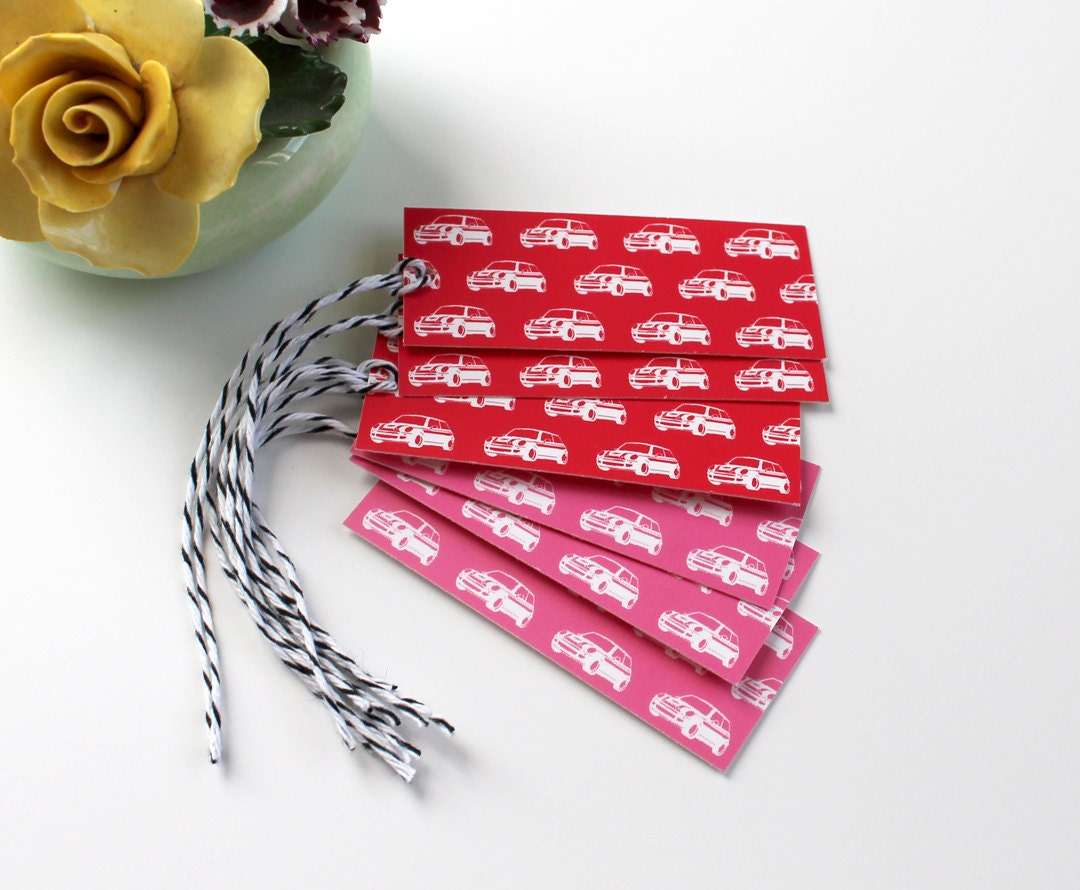 Pink and Red Valentine's Day Tiny MINI Cooper gift tags.