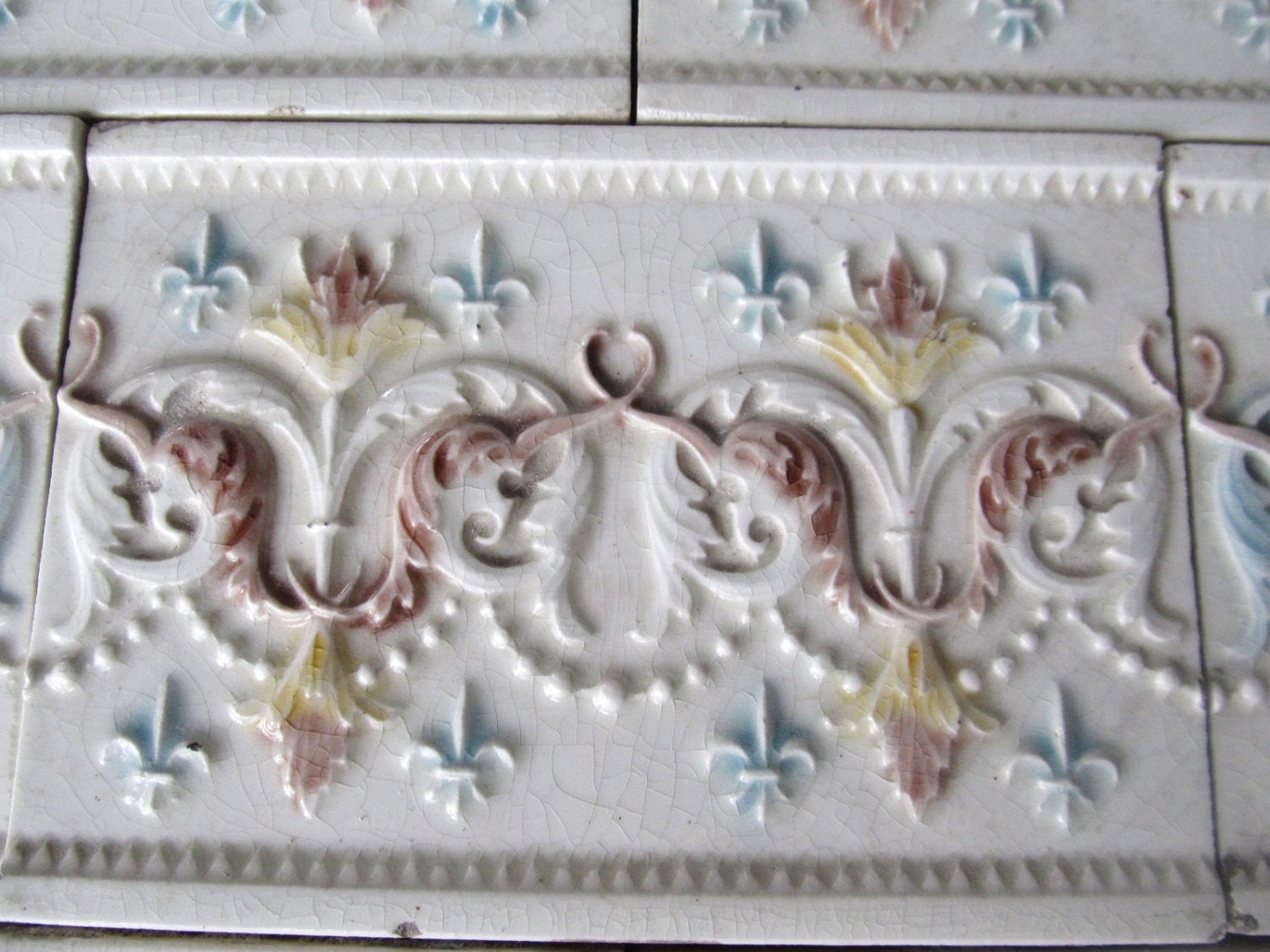 Antique French Provincial Fleur de Lis Border Tile, Glazed Ceramic Tile
