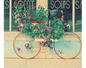 Bicycle Photograph, Flower Bicycle, 8x8 Print, Shabby Chic, Cottage Decor, Fine Art Photo, Mint Green, Summer Flowers,