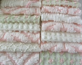 chenille fabric, shabby cottage mix Chenille Bedspread squares-  20 precut 6 inch squares / Vintage Chenille