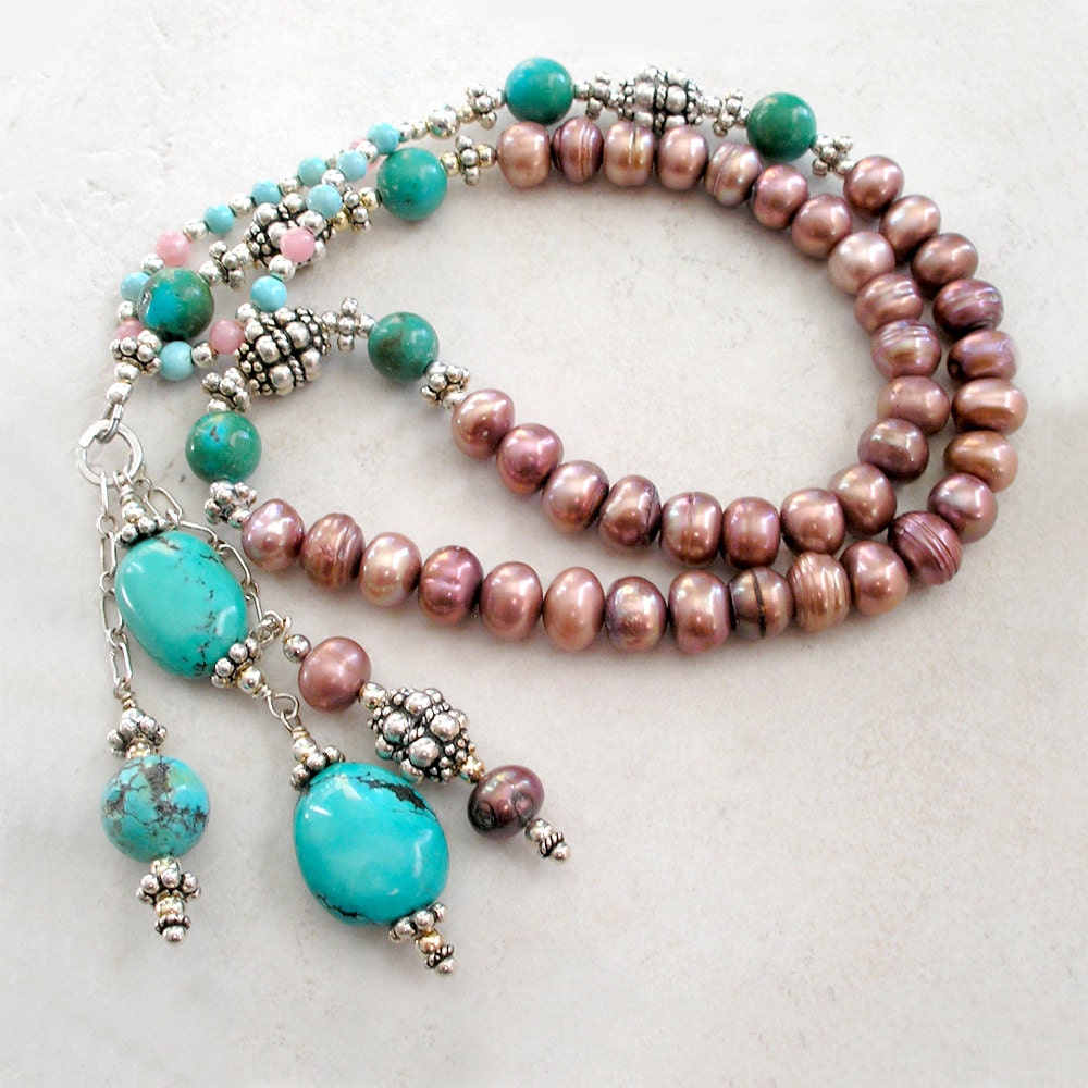 Turquoise Lariat Necklace- Genuine Turquoise, Freshwater Pearl, Sterling Silver Lariat Necklace