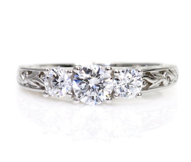 Vintage 3 Stone Moissanite Engagement Ring Antique Style Moissanite Ring Conflict Free Diamond Alternative Custom Bridal Jewelry