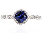 Asscher Blue Sapphire Engagement Ring Diamond Halo 14K White Yellow Rose Gold Custom Engagement Ring