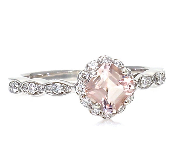 Palladium Asscher Morganite Diamond Engagement Ring Diamond Halo Custom Engagement Ring