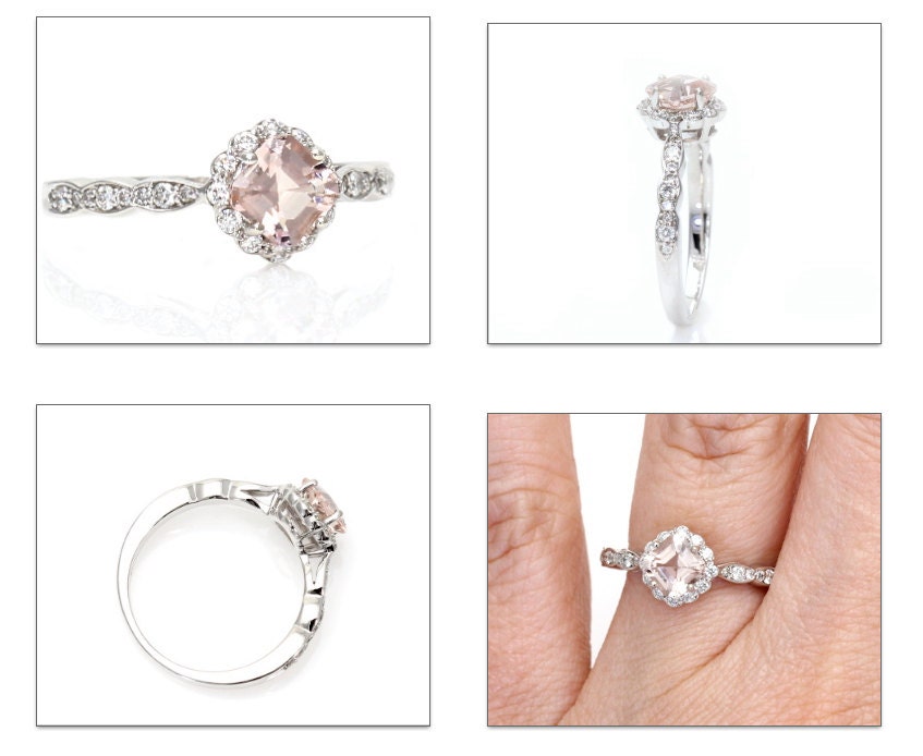 Asscher Morganite Engagement Ring 14K Morganite Ring Diamond Halo Custom Bridal Jewelry