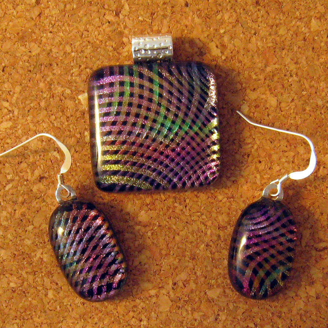 Fused Dichroic Glass Pendant and Earrings Rainbow Weave Fused Glass Jewelry