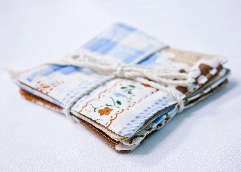 Brown Country Calico - Set of 4 Reversible Coasters - made with reclaimed and remnant fabric