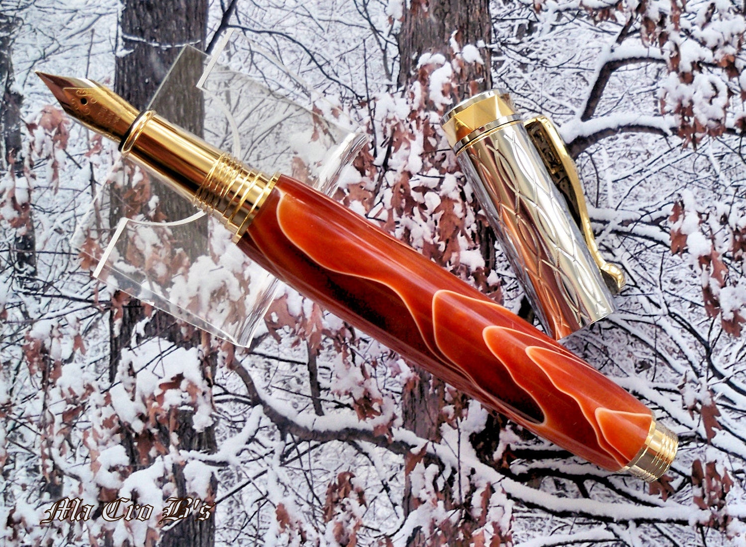 Electra Screw Cap Fountain Pen In Orange and Gold Acrylic with Gold and Chrome trim, In attractive gift box