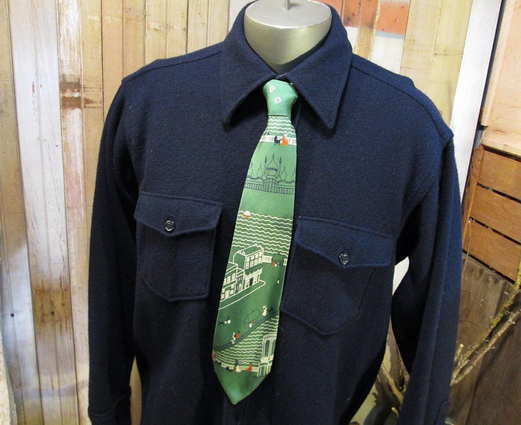 Vintage Tina Leser Tie 40s green Silk Brighton Pier Boardwalk Royal Pavillion Gay 90s