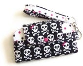 Fabric Cell Phone Wallet with Wristlet Strap, Zippered Pocket and Vinyl ID Window, Errand Runner - Hot Pink Black and White Skull
