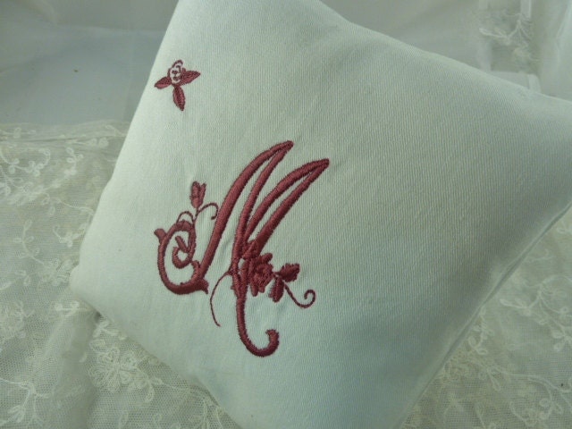 Monogram  M with Rosebud  Red on  White Linen Pillow/ Sachet